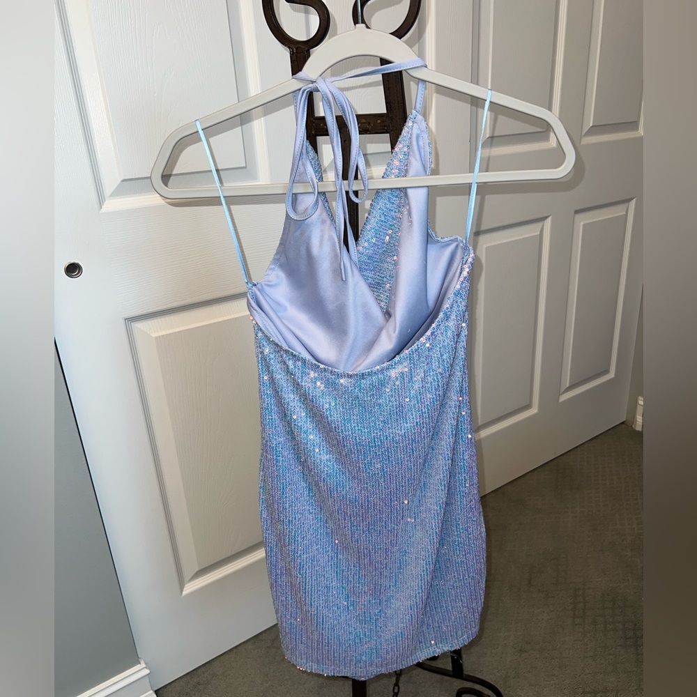 Light blue sequined halter top party dress by Thirty/Thirty LA -Sweet 16, Quince - Picture 3 of 7